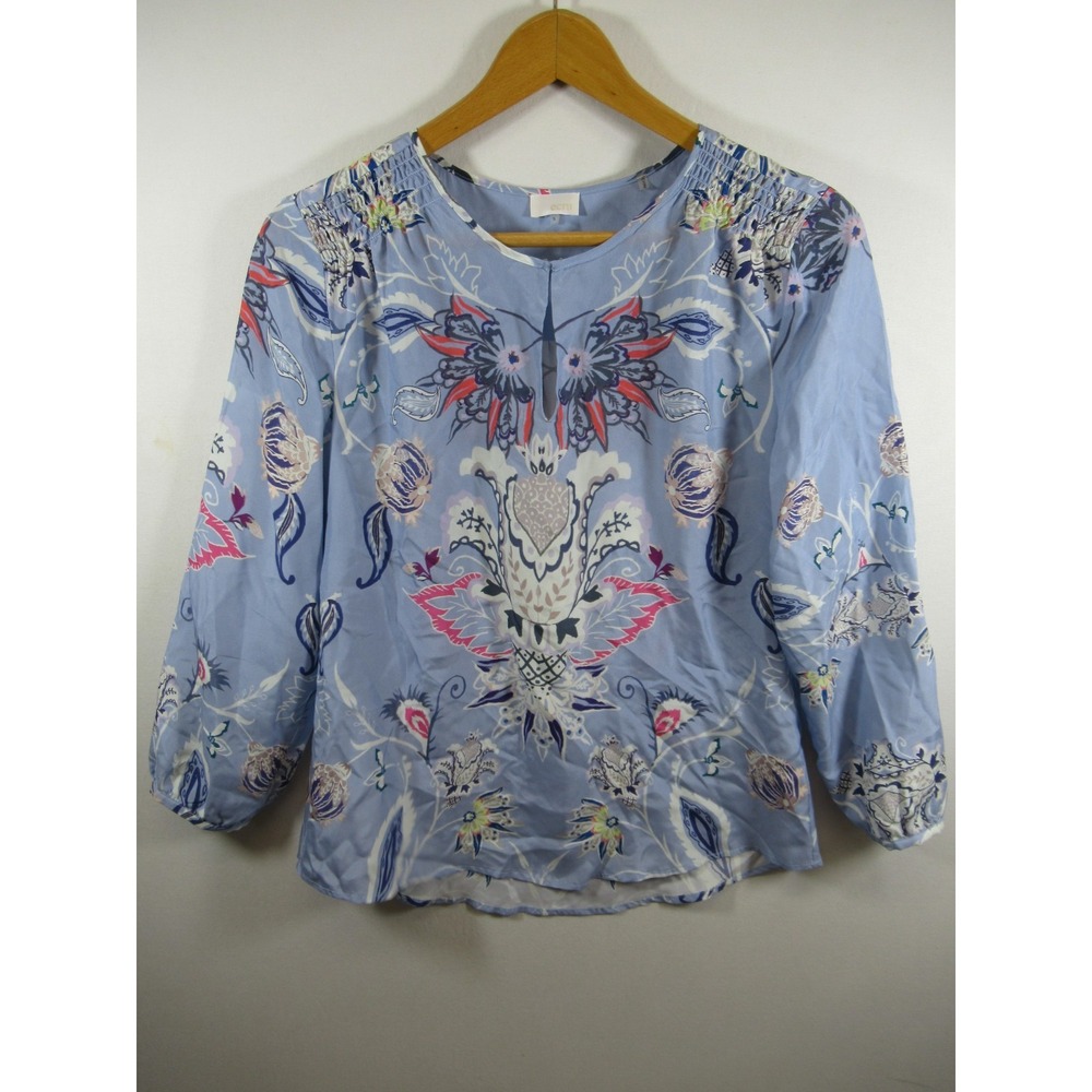 Ecru Brand Smocked Keyhole Silk Blouse Women Small Blue Long Sleeve